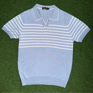 Loro Piana Light Blue Striped Men’s Buttonless Polo Shirt Large Made In Italy